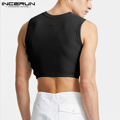 2023 männer Tank Tops Mesh Patchwork Rundhals Streetwear Ärmel Durchsichtig Westen Sexy Party Nachtclub Männer Crop Tops INCERUN