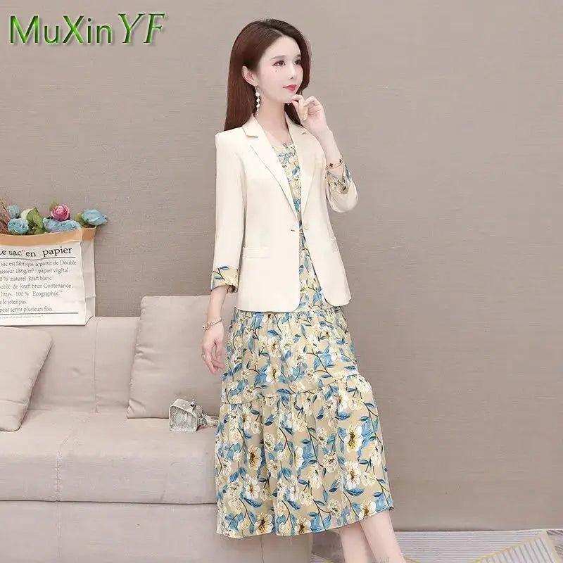 Women's Suspenders Floral Dress Suit Jacket 2021 Fall New Elegant Blazers Skirt Two-piece Korean Fashion Vintage Clothing Set