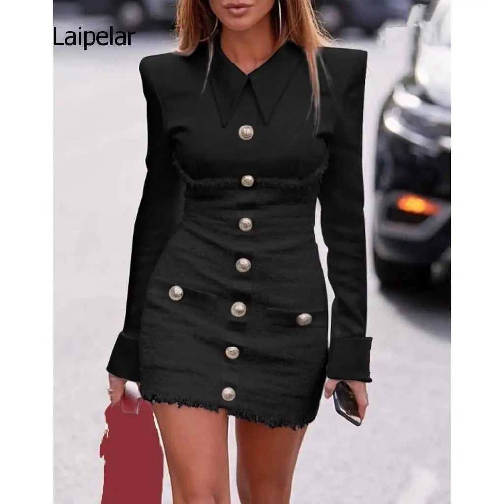 Costume femme Blazer veste robe de travail femmes moulante manches longues bouton poche robe de soirée tenue de bureau robe courte Traje Mujer