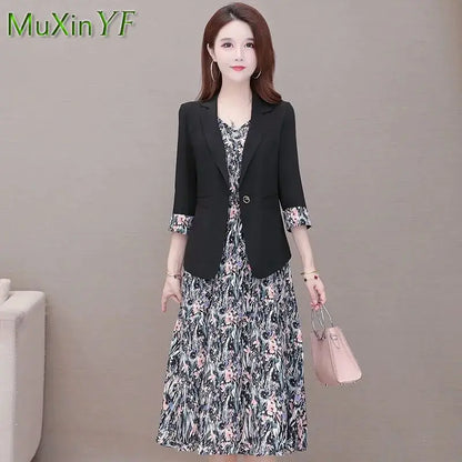 Women's Suspenders Floral Dress Suit Jacket 2021 Fall New Elegant Blazers Skirt Two-piece Korean Fashion Vintage Clothing Set