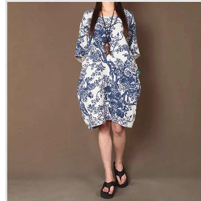 2022 spring summer new women clothing loose large size printing half sleeve ladies fashion vintage casual cotton linen dress