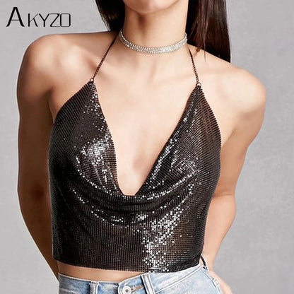 AKYZO Women 2023 Sexy Metal Sequined Tank Camis Summer Gold Silver Backless Cropped Glitter Beach Club Show Wear Tank Tops