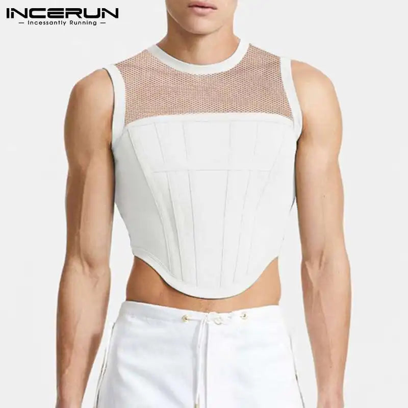 2023 männer Tank Tops Mesh Patchwork Rundhals Streetwear Ärmel Durchsichtig Westen Sexy Party Nachtclub Männer Crop Tops INCERUN