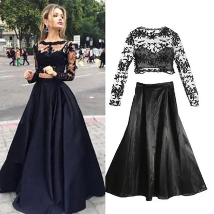 2pcs Set Elegant Formal Black Long Skirt Sexy Women Prom Long Dress Evening Party Lace Tops Long Maxi Ball Gown Skirt Hot