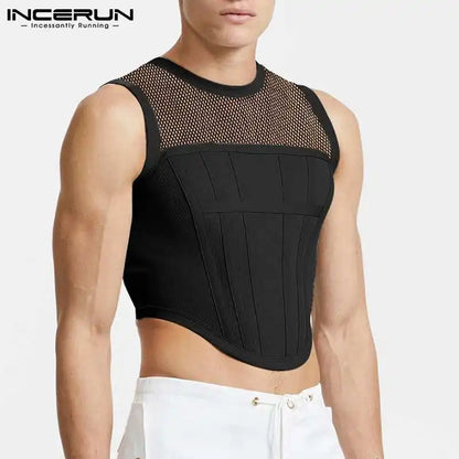 2023 männer Tank Tops Mesh Patchwork Rundhals Streetwear Ärmel Durchsichtig Westen Sexy Party Nachtclub Männer Crop Tops INCERUN