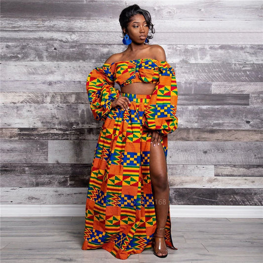 Robes africaines pour femmes, ensemble 2 pièces, manches longues, épaules dénudées, imprimé Dashiki, jupes fendues, vêtements africains, automne