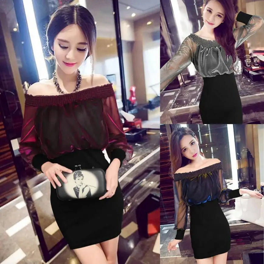 Autumn and Winter Women's Long-Sleeved Sexy A- line Belly Covering Hip Student Girlfriends Dress Chiffon T-shirt