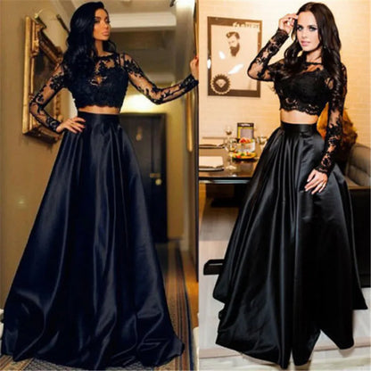 2pcs Set Elegant Formal Black Long Skirt Sexy Women Prom Long Dress Evening Party Lace Tops Long Maxi Ball Gown Skirt Hot