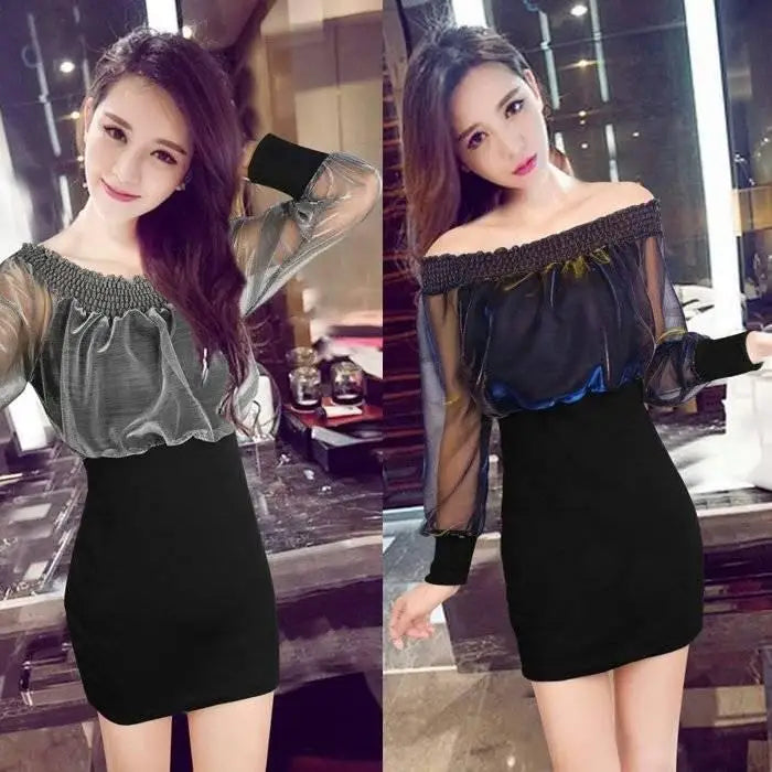 Autumn and Winter Women's Long-Sleeved Sexy A- line Belly Covering Hip Student Girlfriends Dress Chiffon T-shirt