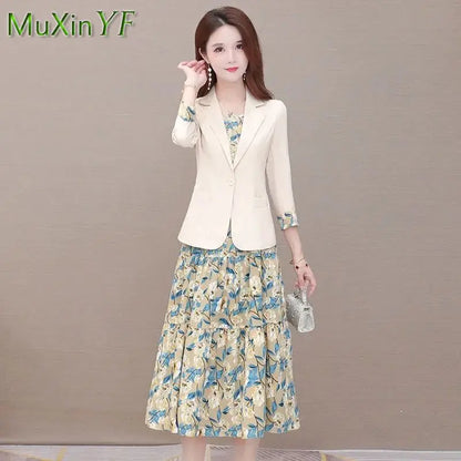 Women's Suspenders Floral Dress Suit Jacket 2021 Fall New Elegant Blazers Skirt Two-piece Korean Fashion Vintage Clothing Set