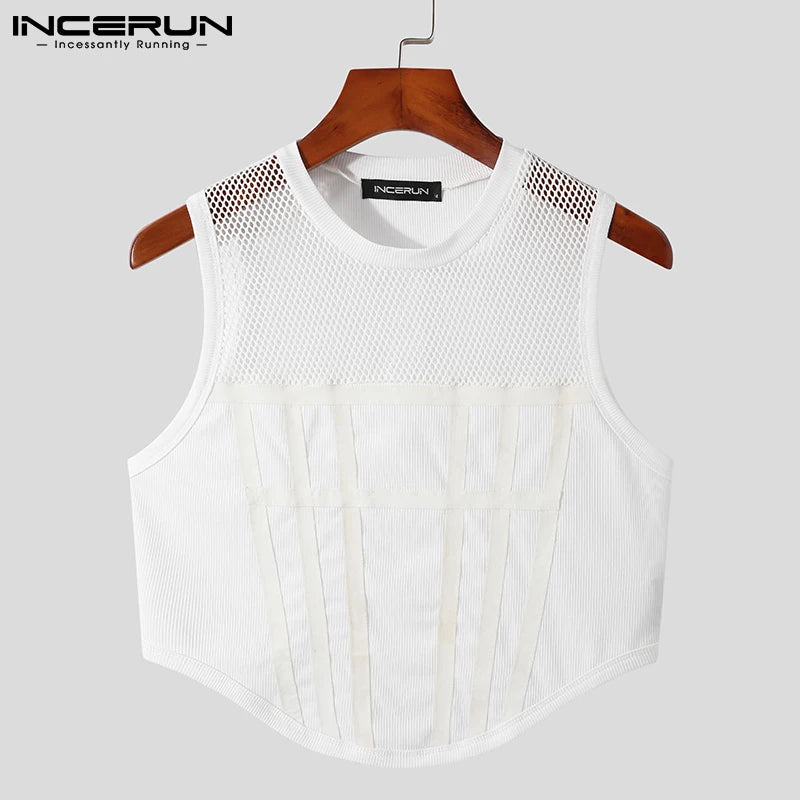 2023 männer Tank Tops Mesh Patchwork Rundhals Streetwear Ärmel Durchsichtig Westen Sexy Party Nachtclub Männer Crop Tops INCERUN