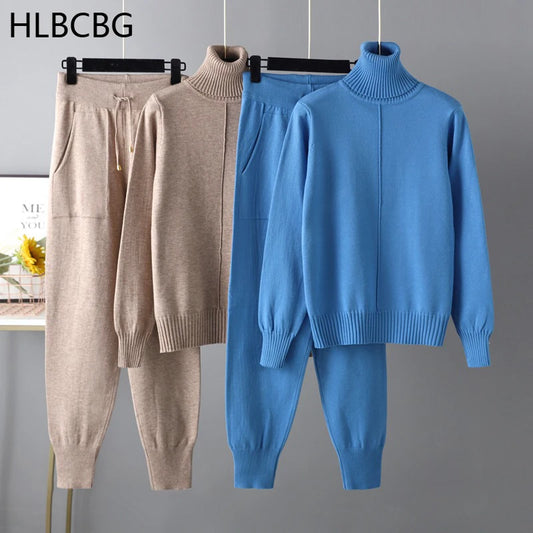 2023 neue 2 Stück Set Frauen Gestrickte Trainingsanzug Rollkragen Pullover Karotte Jogging Hosen Pullover Pullover Set CHIC Strick Outwear