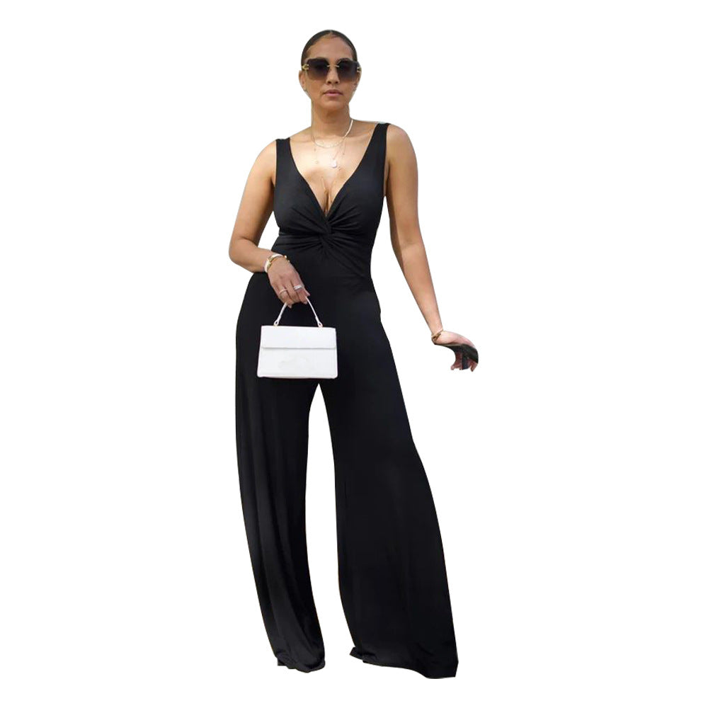 Women Clothing Sexy Deep V Plunge Neck Backless Sleeveless Jumpsuit