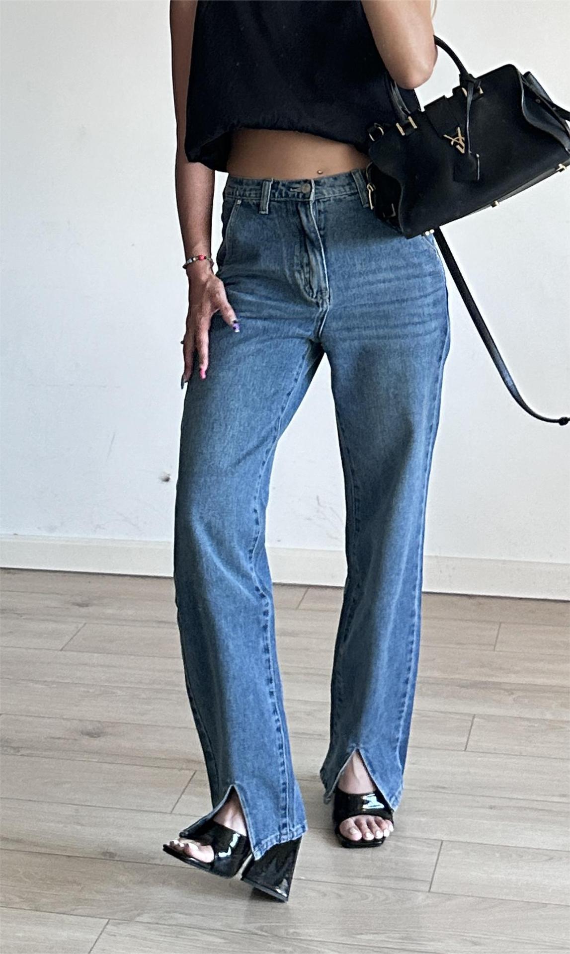 Damen Jeans mit langem Bein, visueller Frontschlitz, hohe Taille, Mop-Hose, Schlankheits-Hose, hängende gerade Hose