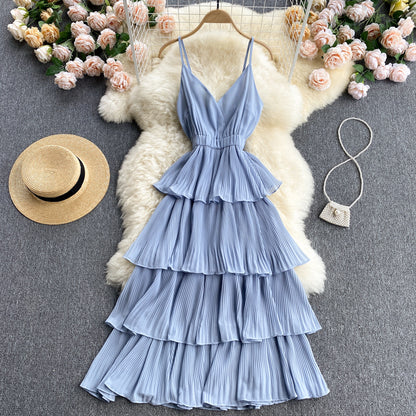 Robe de vacances en bord de mer, Sexy, col en v, coupe cintrée, mi-longue, plissée, à volants, robe de plage, été