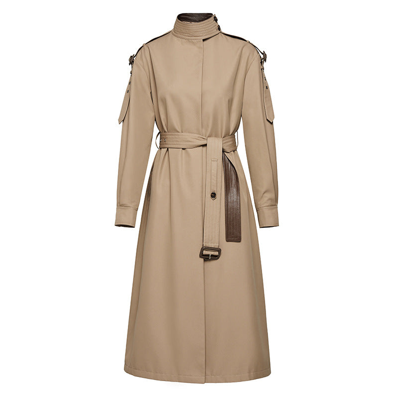 Element Herbst Gracekelly Leder Patchwork Zweifarbig Einfach Anmutig Elegant Verlängert Trenchcoat