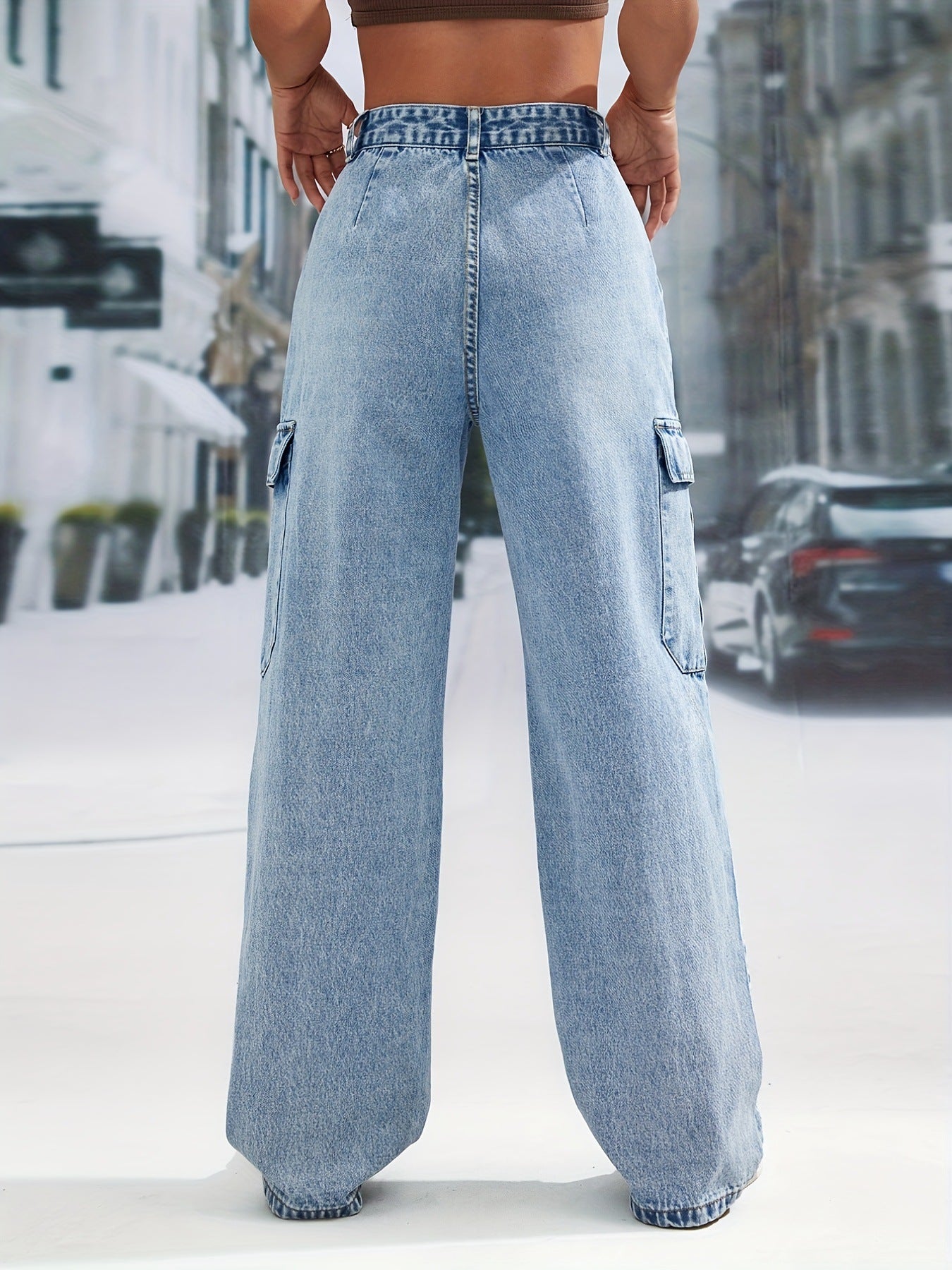 Vêtements pour femmes grande poche taille haute décontractée pantalon en jean à jambe droite