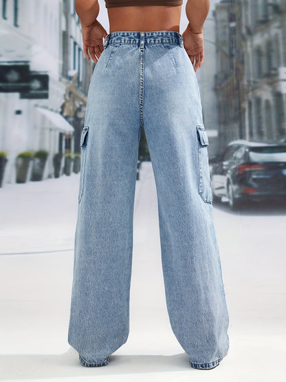 Vêtements pour femmes grande poche taille haute décontractée pantalon en jean à jambe droite