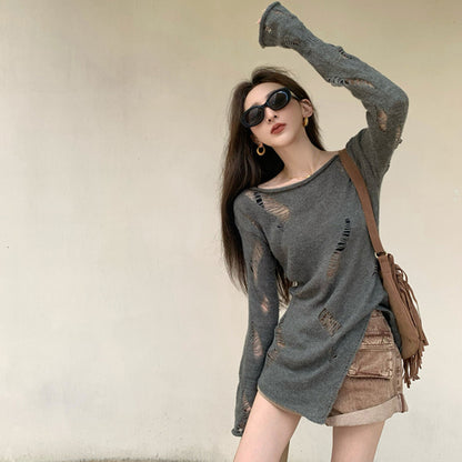 Women's Thin Ripped Long Sleeves Knitwear