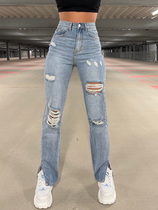 Frühling Sommer Urban Casual Ausgewaschene zerrissene gerade Jeans