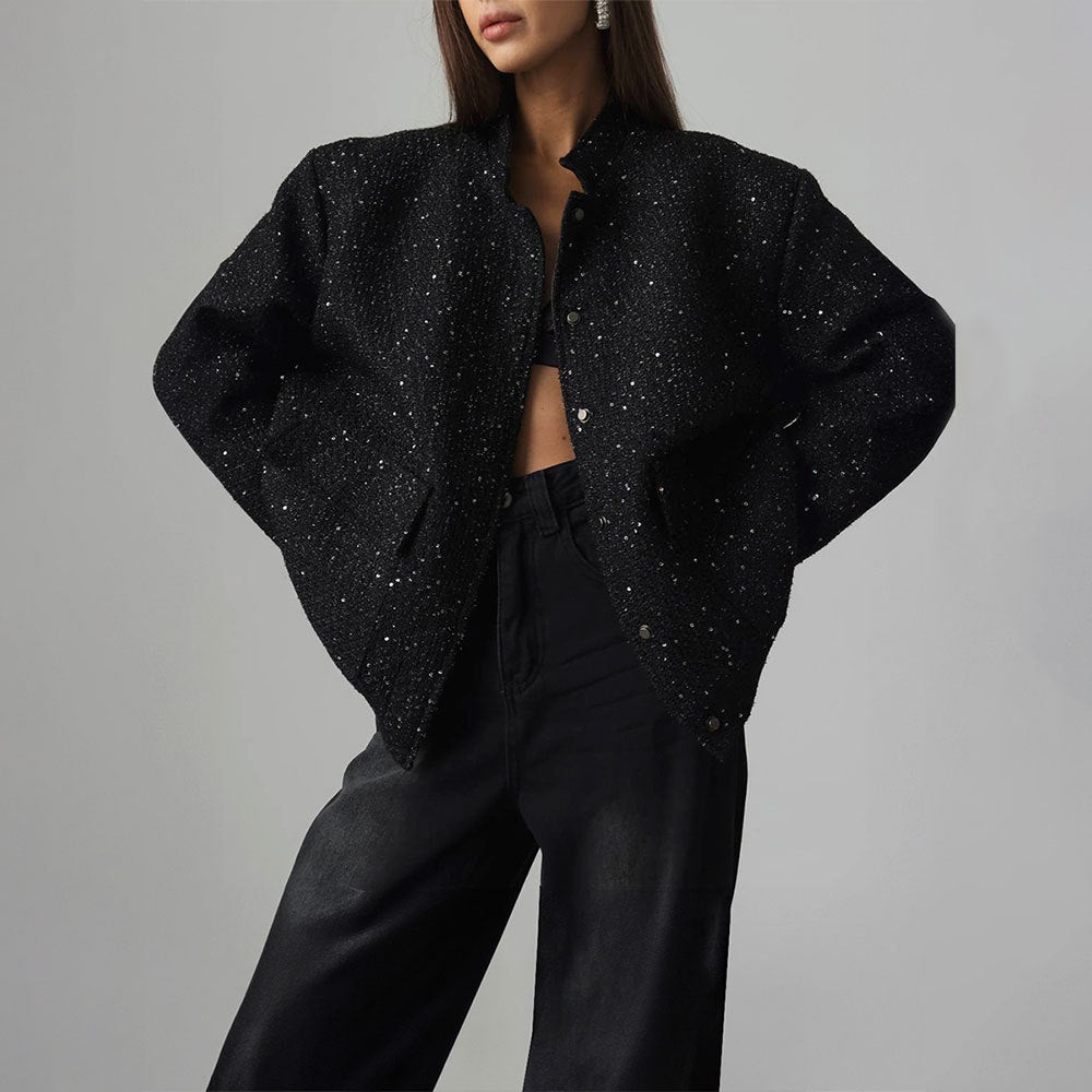 Veste à paillettes en soie dorée pour femme, manteau ample à col montant à la mode