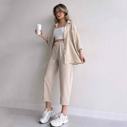 Women's Fashion Casual Loose Shirt Cropped Sports Harem Pants Two-piece Set