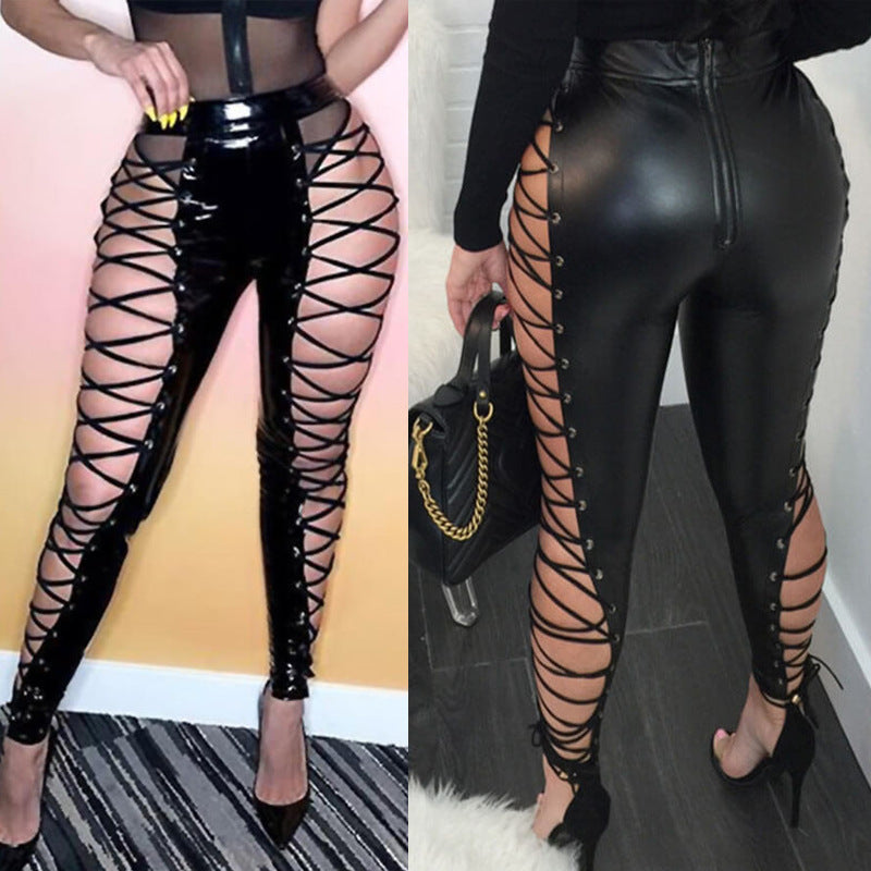 Frühling Schwarze Hose Sexy Lässige Schlanke Criss Cross Strap Hose