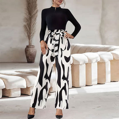 Summer Elegant Pleated Printed Waist Wide Leg Pants with Belt Office Contrast Color Casual Pants Women Trousers