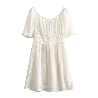 Summer Collared Hollow Out Cutout White Cinched Slimming Short Sleeves Eyelet Embroidery Dress