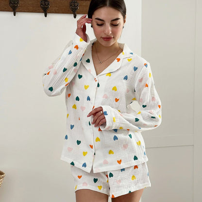 Women's Temperament Leisure Heart Printing Long-sleeved Shirt And Shorts Suit