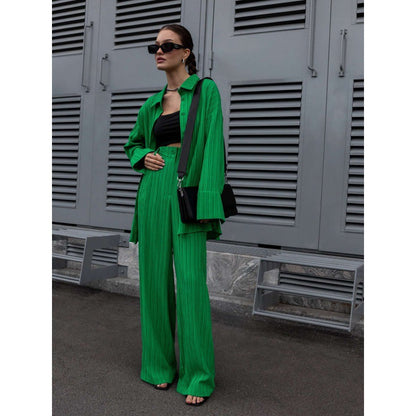 Autumn Winter Popular Casual Pleated Shirt-Style Wide-Leg Pants Suit