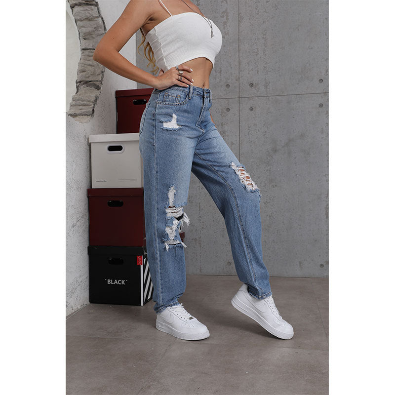 Printemps femmes jean rue jambe droite pantalon déchiré minceur pantalon