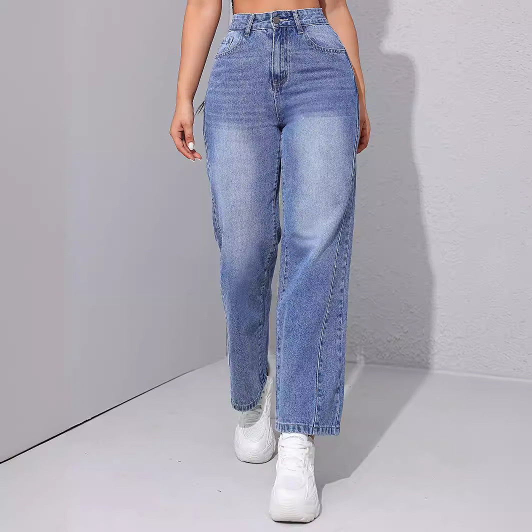 Ladies Straight Jeans Spring Summer High Waist Loose All Matching Slimming Stitching Straight Leg Pants