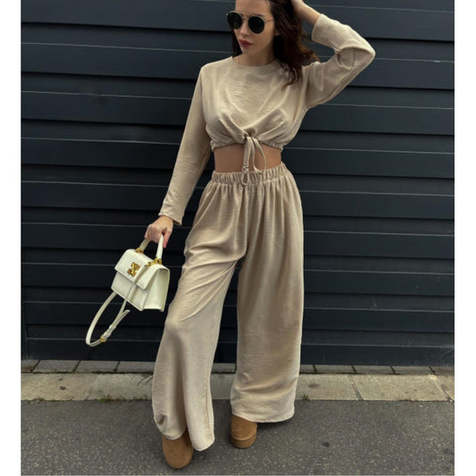 Women Clothing Solid Color Tied Short Long Sleeve Top Wide Leg Pants Two Piece Set