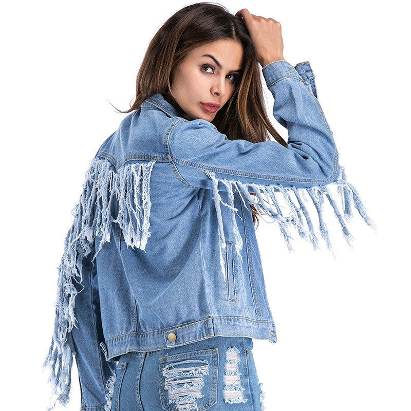 Veste en jean à pompons et manches au dos pour femme