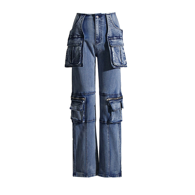 Frühling High Street Design Pocket Stitching Tooling Hohe Taille Gerade Jeans Hose für Frauen