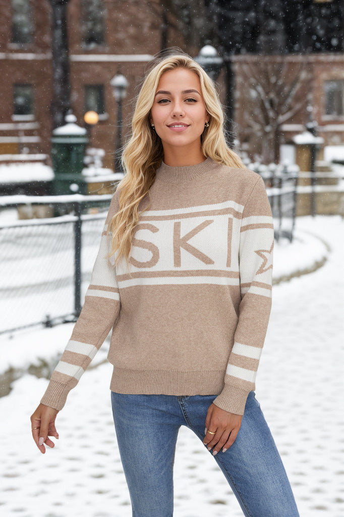 Autumn Winter in Stitching Ski Letter Graphic Half Turtleneck Sweater for Women