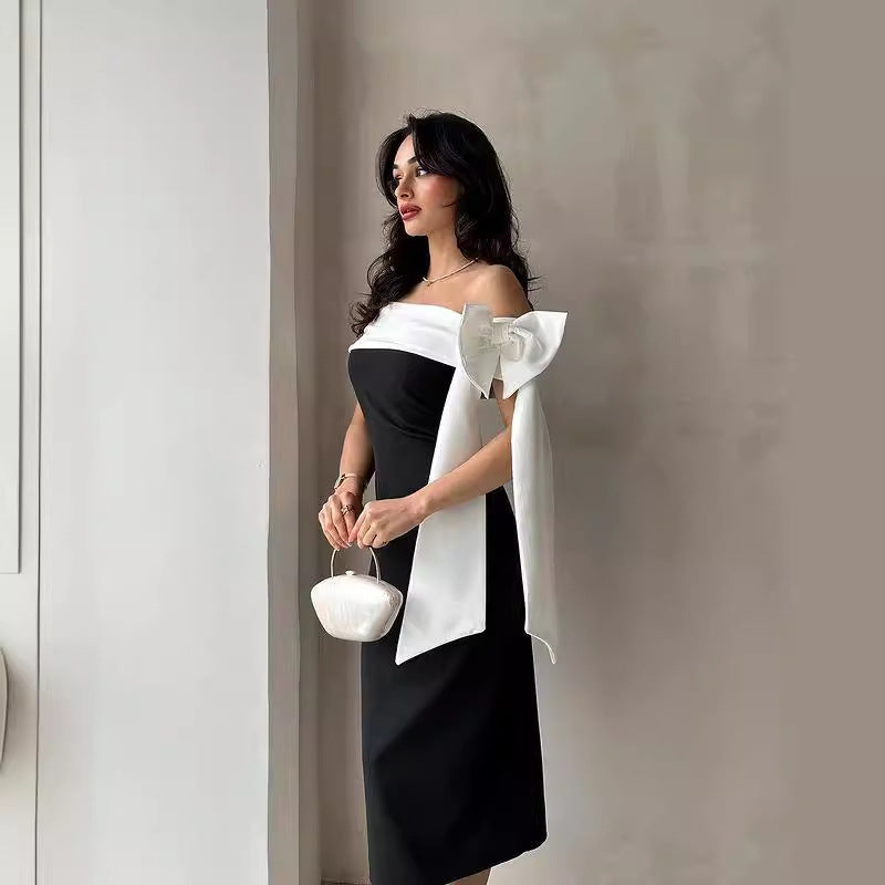 Robe de cocktail élégante assortie avec nœud à épaules dénudées pour femmes, couleur noir et blanc