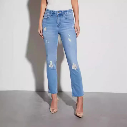 Fournir des femmes Printemps Automne Stretch Bleu Foncé Porté Taille Haute Slim Fit Skinny Jeans Pantacourt