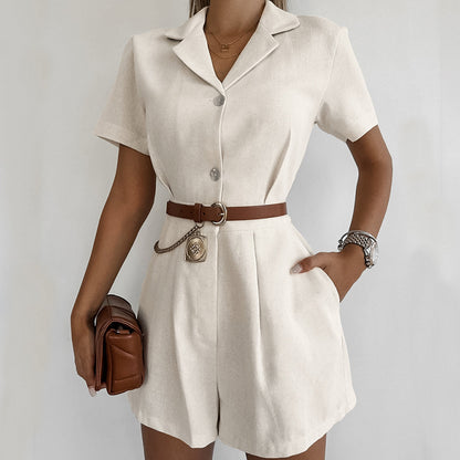 French Cotton Linen Suit Collar High Waist Casual Jumpsuit Women Clothing