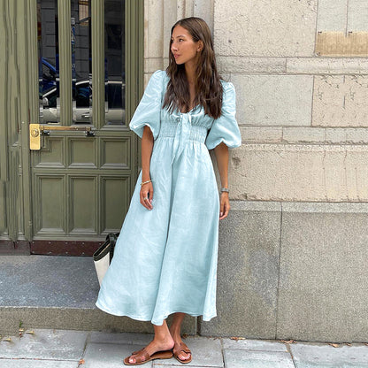 Robe française d'été élégante, Sexy, coupe basse, col en V, manches bouffantes, taille haute, en coton et en lin