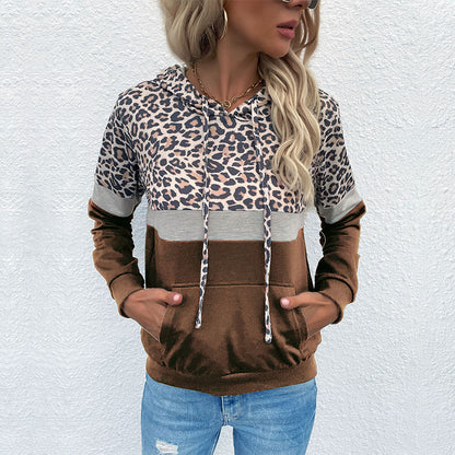 Autumn Women Clothing With Pocket Hoodie With Drawstrings Stitching Leopard Print Sweater