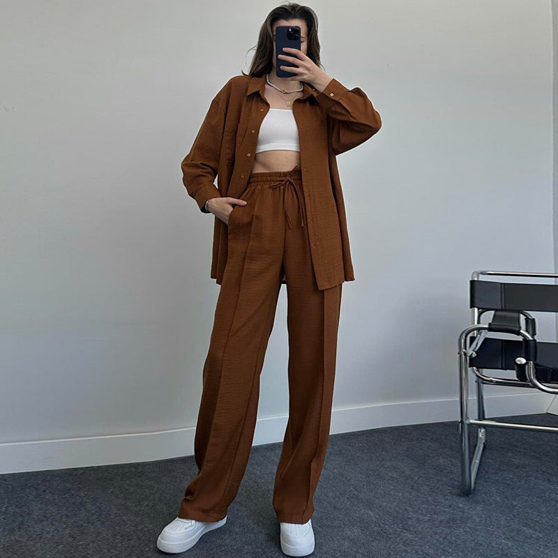 Women's Fashion Casual Solid Color Shirt And Trousers Two-piece Set