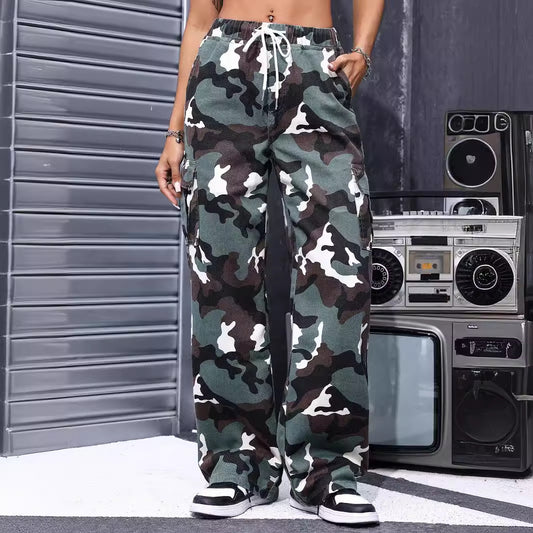 Gerade Mop Casual Jeans Frühling Sommer Retro Camouflage Gerade Kordelzug Gerade Bein Hosen Frauen