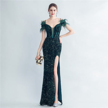 Boning Corset Ostrich Feather Back Lash Rope Bra Velvet High Density Sequined Fishtail Evening Dress