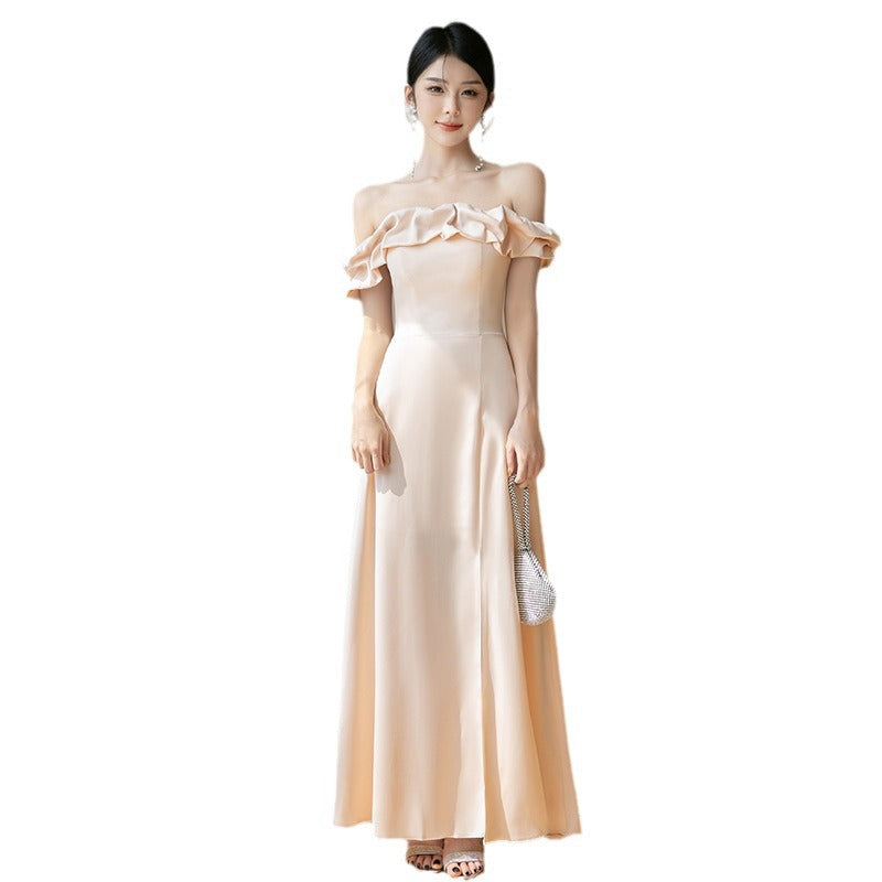 Robe de demoiselle d'honneur en satin champagne pour femme