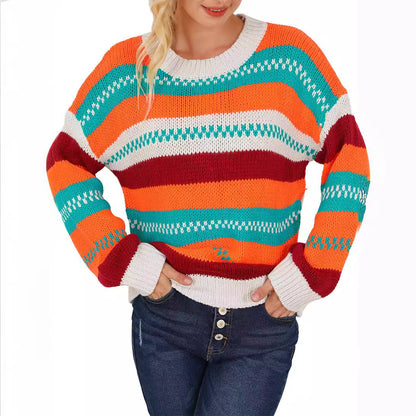 Pull rétro décontracté assorti avec tout, couleur contrastée, rayé, col rond, haut tricoté, automne hiver