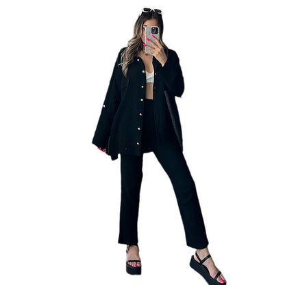 Women's Fashion Casual Loose Long-sleeved Shirt High Waist Skinny Trousers Suit