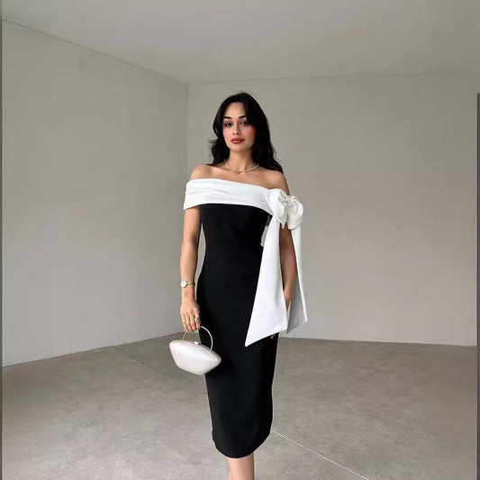 Robe de cocktail élégante assortie avec nœud à épaules dénudées pour femmes, couleur noir et blanc