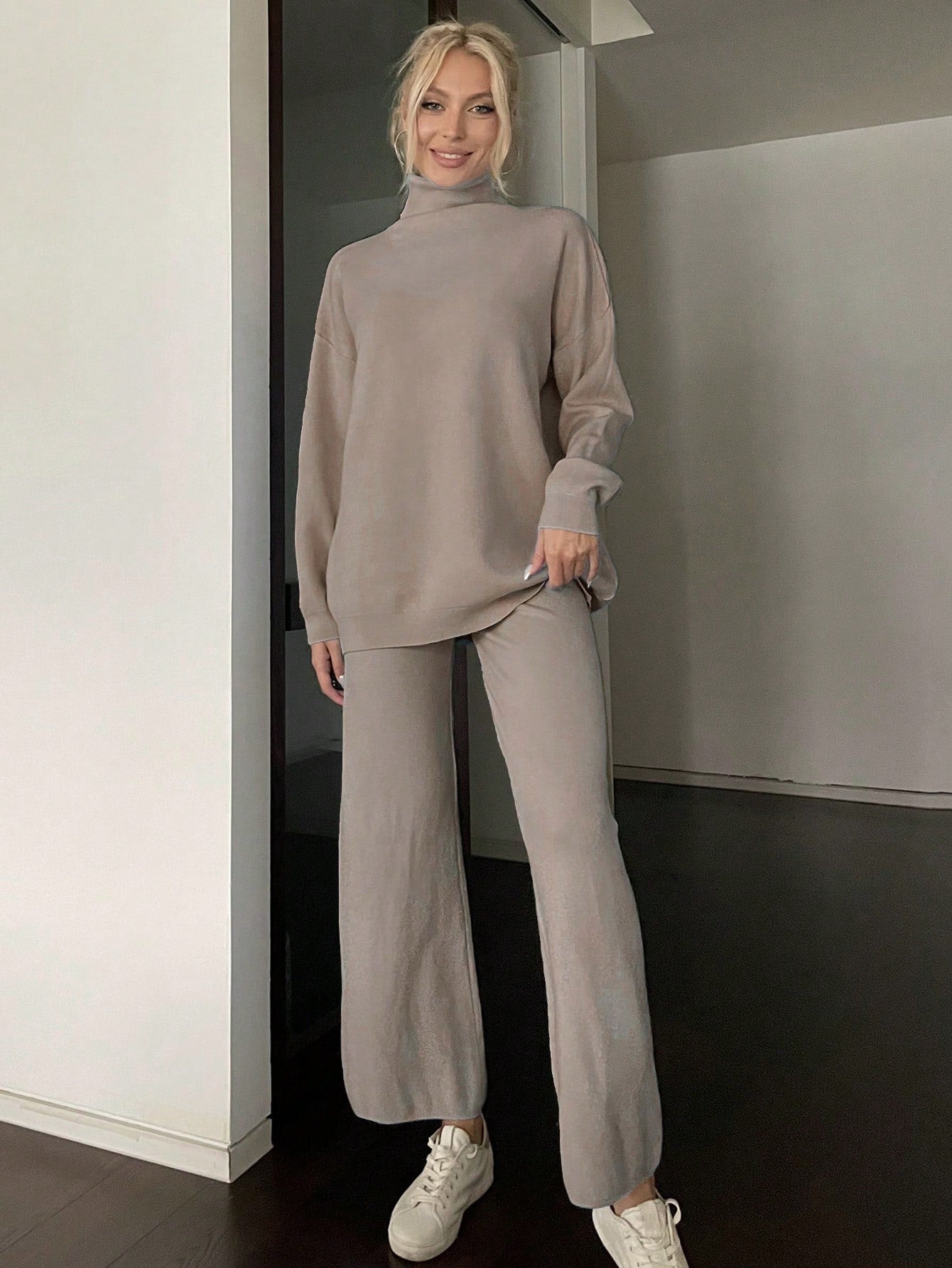 Autumn Winter Women Knitwear Turtleneck Soft Sweater Suit